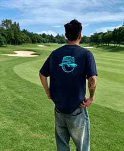 Men's Navy Blue Neon Glow Cartoon Hat Graphic Golf T-shirt Streetwear Casual Short Sleeve Top