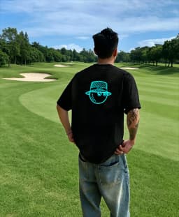 Men's Navy Blue Neon Glow Cartoon Hat Graphic Golf T-shirt Streetwear Casual Short Sleeve Top