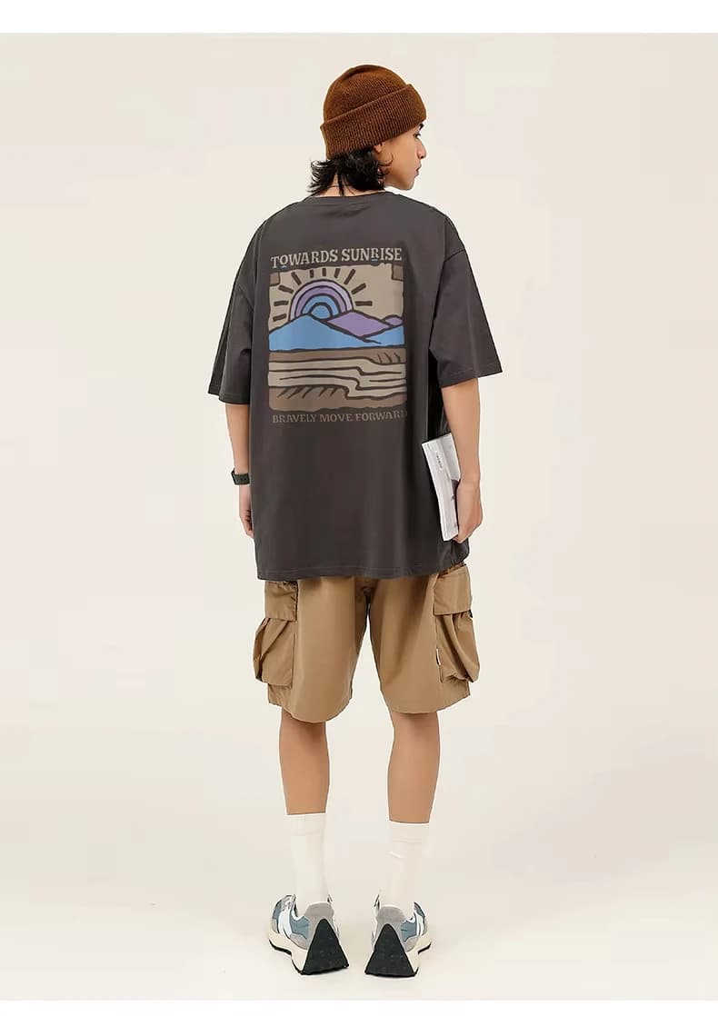 American Retro Pattern Printed Short-sleeved Crew Neck Cotton T-shirt Unisex Top Casual Loose Fashion Streetwear Top