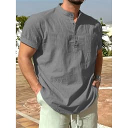Summer Hot Sale Men's Cotton Linen T-shirt Henley Neck Casual Breathable Lightweight Solid Color Pocket Fashion Button Tops