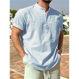 Summer Hot Sale Men's Cotton Linen T-shirt Henley Neck Casual Breathable Lightweight Solid Color Pocket Fashion Button Tops