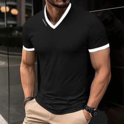 Men's Casual and Fashionable Solid Color V-neck Short Sleeved T-shirt with Letter Print Summer Versatile and Comfortable Top