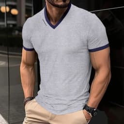 Men's Casual and Fashionable Solid Color V-neck Short Sleeved T-shirt with Letter Print Summer Versatile and Comfortable Top