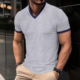 Men's Casual and Fashionable Solid Color V-neck Short Sleeved T-shirt with Letter Print Summer Versatile and Comfortable Top