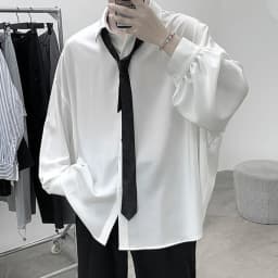 Korean Style Men's Long-sleeved Shirts Black Tie Cozy Casual Solid Oversize Blouses Breathable Loose Shirt Harajuku Male Clothes