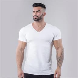 Plain Cotton Gym T-shirt Men Summer Fitness Clothing V-Neck Short Sleeve T shirt Slim Fit Tshirt Bodybuilding Workout Tees Tops