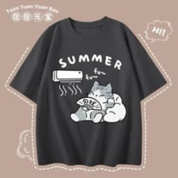 M-8XL Summer Men Oversize T-shirt Korean Casual Loose Style Kitten Blowing Fan Print T-shirt Suitable for Both Men Women