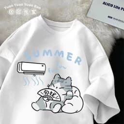 M-8XL Summer Men Oversize T-shirt Korean Casual Loose Style Kitten Blowing Fan Print T-shirt Suitable for Both Men Women