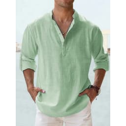 Cotton Linen Hot Sale Men's Long Sleeve Shirts Summer Solid Color Henley Collar Casual Beach Style Hawaiian Vacation