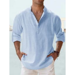 Cotton Linen Hot Sale Men's Long Sleeve Shirts Summer Solid Color Henley Collar Casual Beach Style Hawaiian Vacation