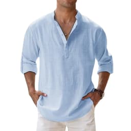 Cotton Linen Hot Sale Men's Long Sleeve Shirts Summer Solid Color Henley Collar Casual Beach Style Hawaiian Vacation