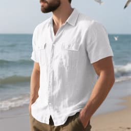 Summer Men's Cotton Linen Short Sleeve Shirt Double Pocket Solid Color Cargo Shirts Casual Vacation Beach Style Lightweight Tops