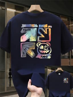 100% Cotton Men's Casual Loose T-Shirt Fashionable Trendy Brand Pattern Printed Breathable Round Neck Short-Sleeved Top