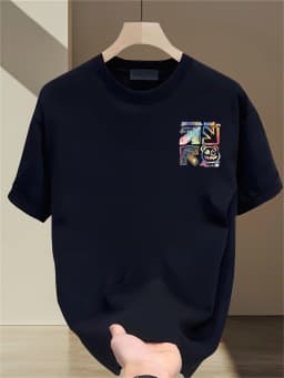 100% Cotton Men's Casual Loose T-Shirt Fashionable Trendy Brand Pattern Printed Breathable Round Neck Short-Sleeved Top