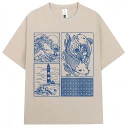 Japanese Style Hokkaido Wave Vintage T-shirt Men Women Harajuku Fashion High Quality T Shirts Oversized Cotton Summer Tee Shirt