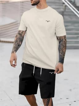 2025 Hot Selling Spliced Pattern Men's T-Shirt Round Neck Short-Sleeved Drawstring Shorts Outdoor Breathable Quick Drying Short