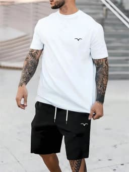 2025 Hot Selling Spliced Pattern Men's T-Shirt Round Neck Short-Sleeved Drawstring Shorts Outdoor Breathable Quick Drying Short