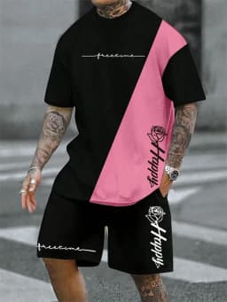 2025 Hot Selling Spliced Pattern Men's T-Shirt Round Neck Short-Sleeved Drawstring Shorts Outdoor Breathable Quick Drying Short