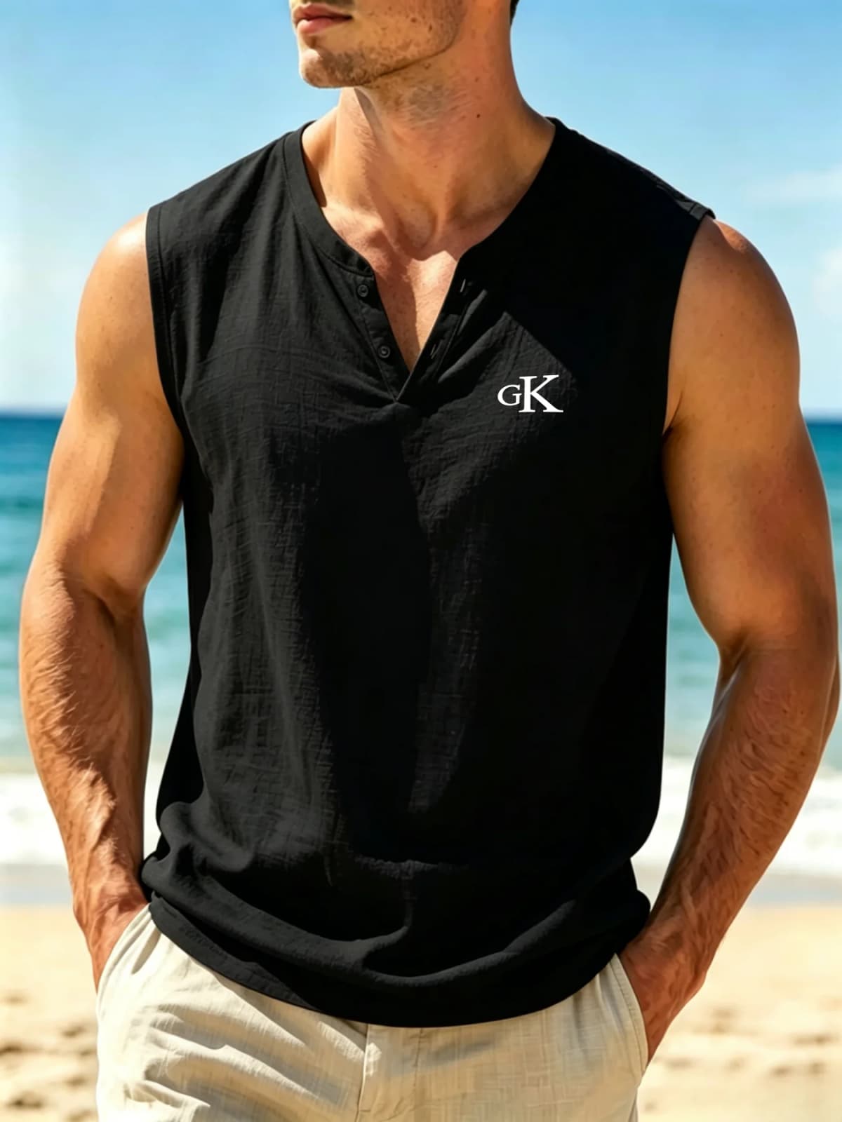 Mens Cotton Linen Henley Sleeveless Tank Top GK Print Breathable Casual Summer Beach Vest 2632