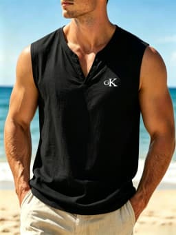 Mens Cotton Linen Henley Sleeveless Tank Top GK Print Breathable Casual Summer Beach Vest 2632