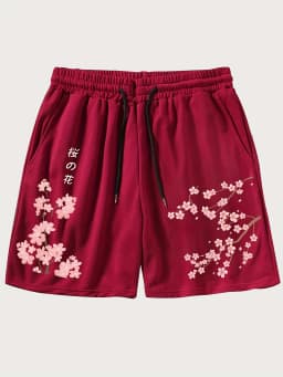 American Men's Summer Personalized Cherry Blossom Letter Print Micro Elastic Breathable Drawstring Shorts Outdoor Casual Pants