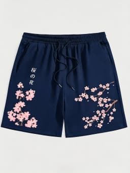 American Men's Summer Personalized Cherry Blossom Letter Print Micro Elastic Breathable Drawstring Shorts Outdoor Casual Pants
