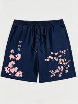 American Men's Summer Personalized Cherry Blossom Letter Print Micro Elastic Breathable Drawstring Shorts Outdoor Casual Pants