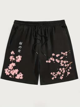 American Men's Summer Personalized Cherry Blossom Letter Print Micro Elastic Breathable Drawstring Shorts Outdoor Casual Pants
