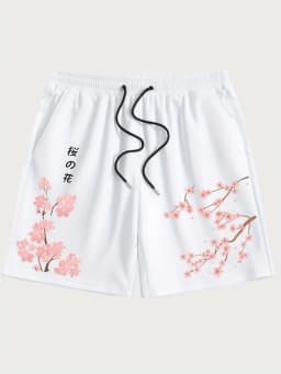 American Men's Summer Personalized Cherry Blossom Letter Print Micro Elastic Breathable Drawstring Shorts Outdoor Casual Pants