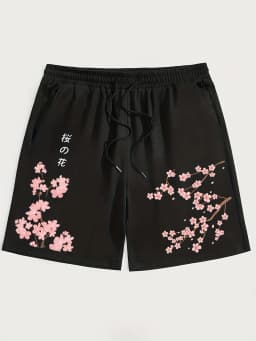 American Men's Summer Personalized Cherry Blossom Letter Print Micro Elastic Breathable Drawstring Shorts Outdoor Casual Pants