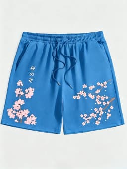 American Men's Summer Personalized Cherry Blossom Letter Print Micro Elastic Breathable Drawstring Shorts Outdoor Casual Pants