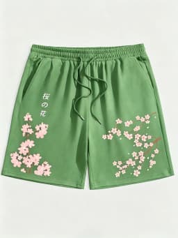 American Men's Summer Personalized Cherry Blossom Letter Print Micro Elastic Breathable Drawstring Shorts Outdoor Casual Pants
