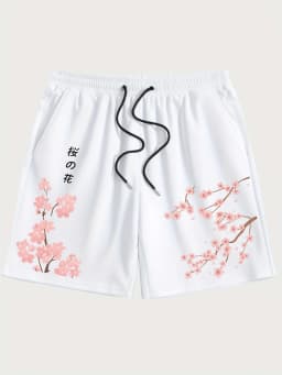 American Men's Summer Personalized Cherry Blossom Letter Print Micro Elastic Breathable Drawstring Shorts Outdoor Casual Pants