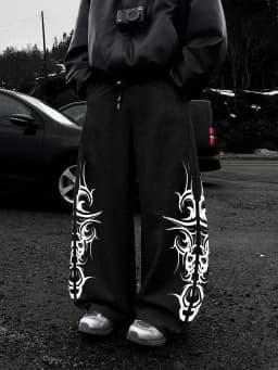 Men Gothic Vertical Graphic Wide Leg Sweatpants Drawstring Loose Straight Baggy Y2K Dark Punk Streetwear Pants.
