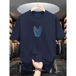 100% Polyester Men's Loose T-Shirt Breathable Casual Fashion French Bulldog Pattern Printed Short Sleeved Round Neck Top