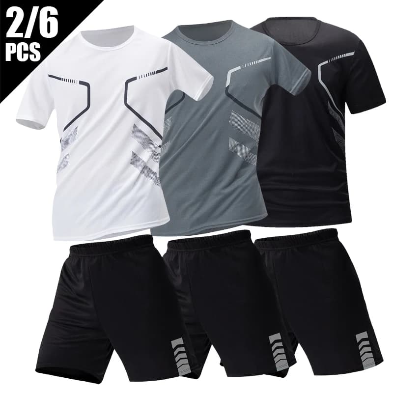 2/4/6 Pcs Plus Size Men's Quick-drying Short-sleeved Shorts Suit Men's Leisure Sports Running Fitness T-shirt Joker Shorts Teen