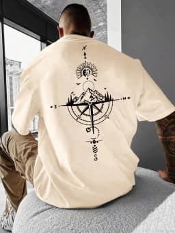 Summer Men's 100% Pure Cotton Casual Sports Loose Oversized Retro Compass Printed Comfortable Round Neck Short Sleeved T-Shirt