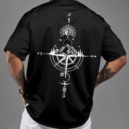 Summer Men's 100% Pure Cotton Casual Sports Loose Oversized Retro Compass Printed Comfortable Round Neck Short Sleeved T-Shirt