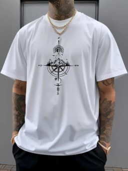 Summer Men's 100% Pure Cotton Casual Sports Loose Oversized Retro Compass Printed Comfortable Round Neck Short Sleeved T-Shirt