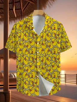 Men's Summer Cute Yellow Rubber Duck Print Hawaiian Shirt Lapel Short Sleeve Button Down Casual Vacation Beach Party Funny Top