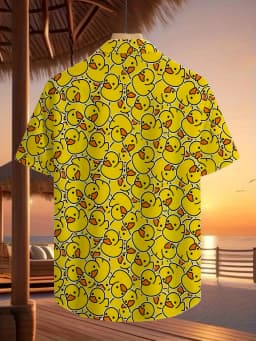 Men's Summer Cute Yellow Rubber Duck Print Hawaiian Shirt Lapel Short Sleeve Button Down Casual Vacation Beach Party Funny Top