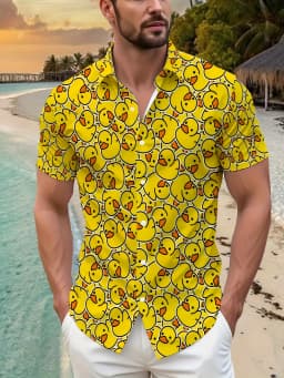 Men's Summer Cute Yellow Rubber Duck Print Hawaiian Shirt Lapel Short Sleeve Button Down Casual Vacation Beach Party Funny Top