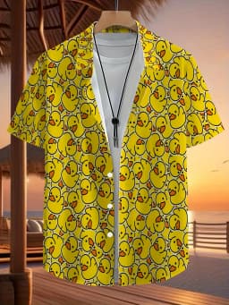 Men's Summer Cute Yellow Rubber Duck Print Hawaiian Shirt Lapel Short Sleeve Button Down Casual Vacation Beach Party Funny Top