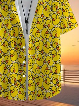 Men's Summer Cute Yellow Rubber Duck Print Hawaiian Shirt Lapel Short Sleeve Button Down Casual Vacation Beach Party Funny Top