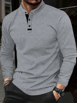 A Stylish Men's Round-Neck Plain Splicing Polo Shirt That Is Suitable for Summer, Autumn, and Winter, and Can Be Worn at Home