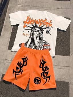 New Men's Summer Statue of Liberty Printed Comfortable Breathable Round Neck T-shirt Drawstring Shorts Set Outdoor Street Wear