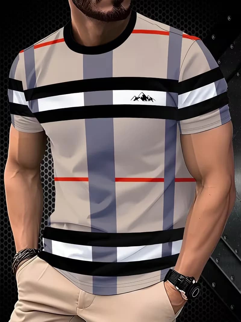 Men’s Summer Plaid Striped T-Shirt – Beige & Gray Color Block, Slim Fit Casual Crew Neck Tee for Daily Wear