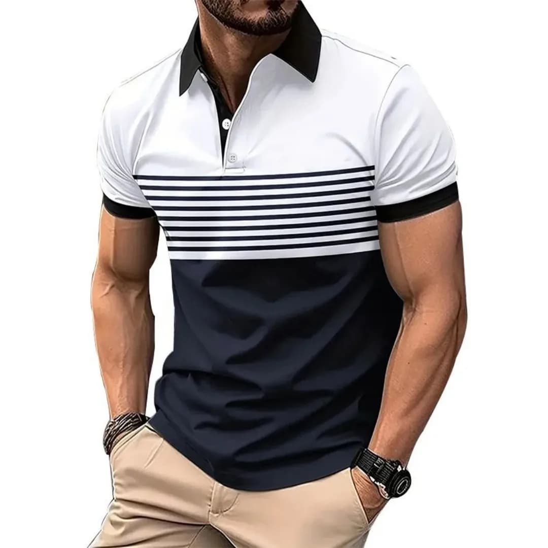 The 2025 Summer New Men's POLO Shirt Features a Casual Fashionable Soft and Comfortable 3D Striped Pattern Print