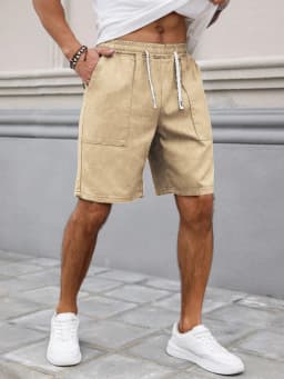 Summer Men's Retro American Style Shorts with Drawstring Casual Pants Included Solid Color Trendy Mid-Length Men's Shorts