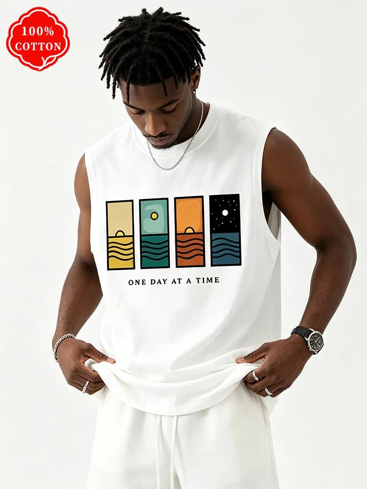 100% Cotton Men's Summer Sleeveless Top, Printed Casual Loose Vest, Minimalist Pattern Sports Vest, Suitable for Daily Wear - T7
